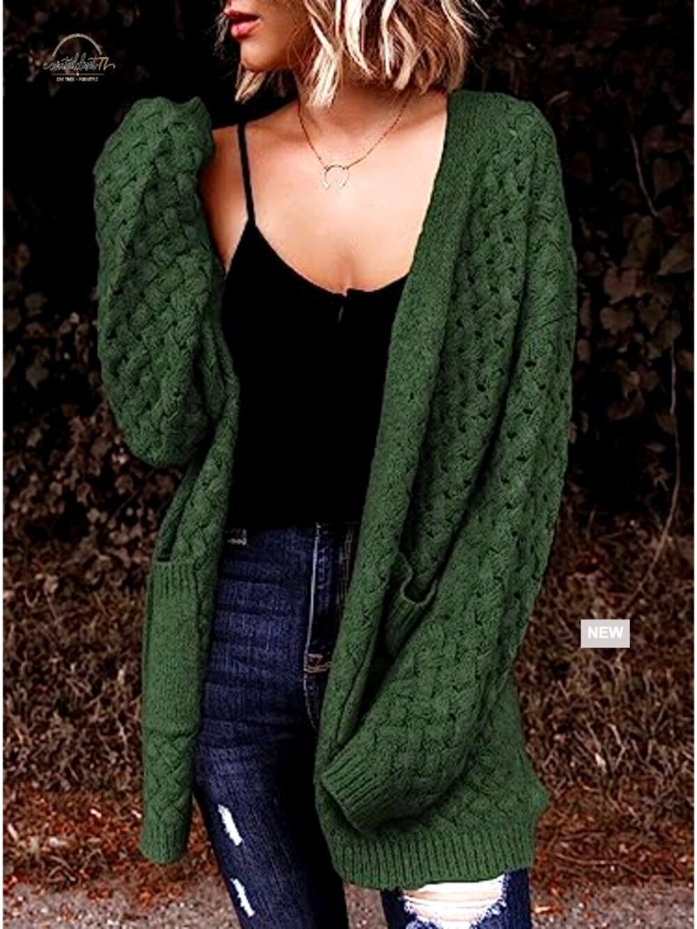 Long Sleeve Open Front Cable Knit Cardigan with Pockets, Chunky Knit - Picture 2 of 7